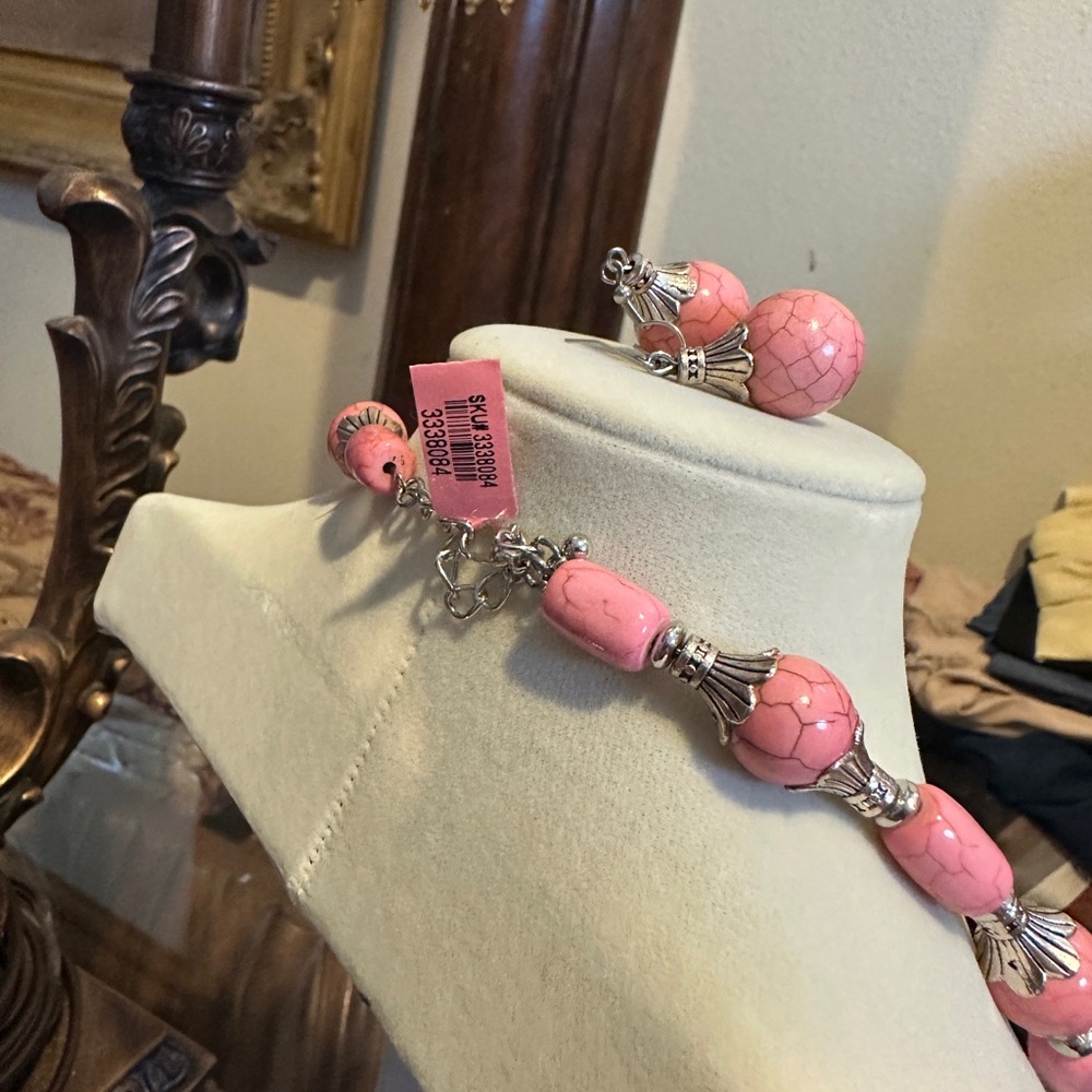Pink Beaded Squash Blossom Necklace and Earring Set - Picture 4 of 4